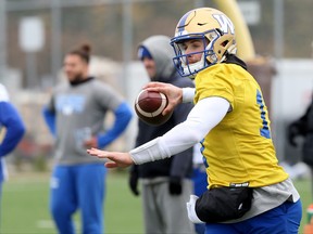 Quarterback Chris Streveler rolls out to throw during Winnipeg Blue Bombers practice on the University of Manitoba campus on Wed., Oct. 16, 2019. Kevin King/Winnipeg Sun/Postmedia Network