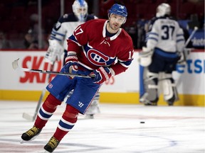 Forward Ilya Kovalchuk takes part in the pregame skate before making his Canadiens debut in NHL game against the Winnipeg Jets at the Bell Centre in Montreal on Jan. 6, 2020.