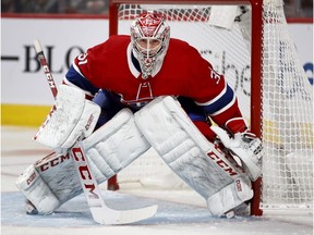 Montreal Canadiens goaltender Carey Price watches the play during game against the Winnipeg Jets in Montreal on Jan. 6, 2020.