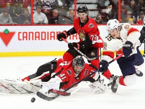 Panthers’ Noel Acciari can’t sneak the puck past Senators goalie Craig Anderson during Thursday night’s game at the CTC.