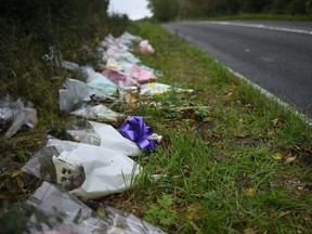 A general view of flowers left in remembrance of Harry Dunn on the B4031 near RAF Croughton on October 7, 2019 near Brackley, England.