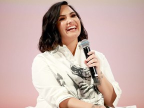 Demi Lovato speaks on stage at the Teen Vogue Summit 2019 at Goya Studios in Los Angeles, Nov. 2, 2019.