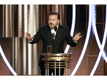In this handout photo provided by NBCUniversal Media, LLC,  host Ricky Gervais speaks onstage during the 76th Annual Golden Globe Awards at The Beverly Hilton Hotel on January 5, 2020 in Beverly Hills, California.