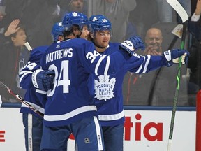 William Nylander of the Toronto Maple Leafs celebrates a goal against the Calgary Flames during an NHL game at Scotiabank Arena on January 16, 2020 in Toronto, Ontario, Canada.