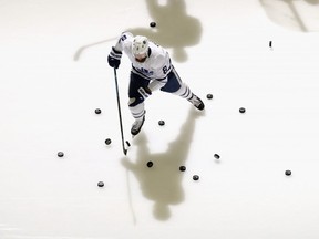 Jake Muzzin #8 of the Toronto Maple Leafs skates in warm-ups prior to the game against the New Jersey Devils at the Prudential Center on December 27, 2019 in Newark, New Jersey. (Photo by Bruce Bennett/Getty Images)