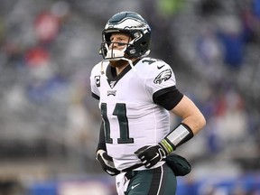 Carson Wentz of the Philadelphia Eagles warms up prior to the game against the New York Giants at MetLife Stadium on December 29, 2019 in East Rutherford, New Jersey.
