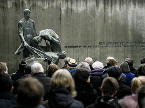 Guests attend a ceremony to commemorate the victims of the Holocaust at the memorial at Station Z at the Sachsenhausen concentration camp on Jan. 27, 2020 in Oranienburg, Germany. (Carsten Koall/Getty Images)