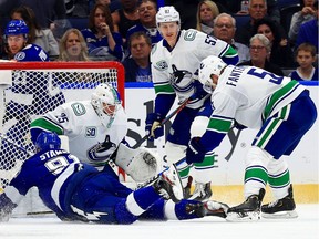 Jacob Markstrom stops a shot from Steven Stamkos of the Tampa Bay Lightning during a game at Amalie Arena on Jan. 7, 2020, in Tampa, Fla.