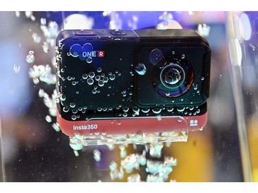 The Insta360 One R is displayed in a container of water at the Insta360 booth during CES 2020 at the Las Vegas Convention Center on Jan. 8, 2020, in Las Vegas.