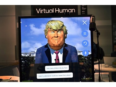An image of U.S. President Donald Trump is displayed as part of an artificial intelligence demonstration at the Saltlux booth during CES 2020 at the Las Vegas Convention Center on Jan. 8, 2020 in Las Vegas, Nevada. CES, the world's largest annual consumer technology trade show, runs through January 10 and features about 4,500 exhibitors showing off their latest products and services to more than 170,000 attendees.