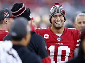 Jimmy Garoppolo of the San Francisco 49ers reacts on the sidelines during the second half against the Minnesota Vikings during the NFC Divisional Round Playoff game at Levi's Stadium on Jan. 11, 2020 in Santa Clara, Calif. (Lachlan Cunningham/Getty Images)