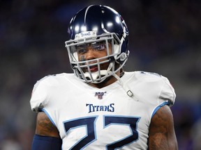 Derrick Henry of the Tennessee Titans warms up before the AFC Divisional Playoff game against the Baltimore Ravens at M&T Bank Stadium on January 11, 2020 in Baltimore, Maryland.