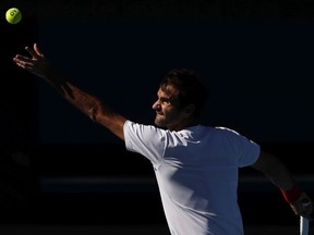 Roger Federer of Switzerland practices ahead of the 2020 Australian Open at Melbourne Park on January 12, 2020 in Melbourne, Australia.
