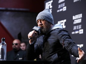 Welterweight fighter Conor McGregor responds to a question during the UFC 246 Ultimate Media Day in Las Vegas, Jan. 16, 2020.