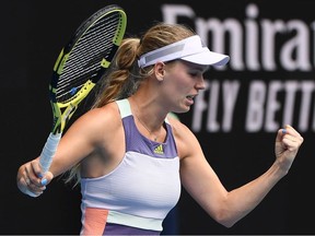 Caroline Wozniacki of Denmark celebrates after winning match point during her Women's Singles second round match against Dayana Yastremska of Ukraine on day three of the 2020 Australian Open at Melbourne Park on January 22, 2020 in Melbourne, Australia.