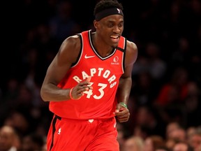 Pascal Siakam of the Toronto Raptors celebrates his three point shot in the fourth quarter against the New York Knicks at Madison Square Garden on January 24, 2020, in New York City.