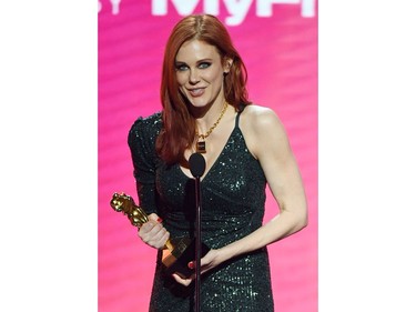 Actress Maitland Ward accepts the award for Best Supporting Actress during the 2020 Adult Video News Awards at The Joint inside the Hard Rock Hotel & Casino on Jan. 25, 2020, in Las Vegas.