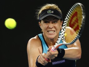 Anastasia Pavlyuchenkova of Russia plays a backhand in her fourth round match against Angelique Kerber of Germany on day nine of the 2020 Australian Open at Melbourne Park on Jan. 27, 2020 in Melbourne, Australia. (Mike Owen/Getty Images)