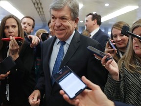 Sen. Roy Blunt (R-MO) speaks to reporters upon arrival to the U.S. Capitol for the Senate impeachment trial on January 28, 2020 in Washington, DC.