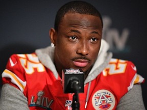 LeSean McCoy of the Kansas City Chiefs speaks to the media during the Kansas City Chiefs media availability prior to Super Bowl LIV at the JW Marriott Turnberry on January 29, 2020 in Aventura, Florida.