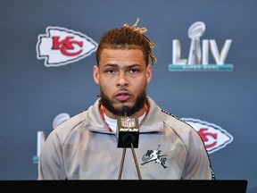 Tyrann Mathieu of the Kansas City Chiefs speaks to the media during the Kansas City Chiefs media availability prior to Super Bowl LIV at the JW Marriott Turnberry on January 30, 2020 in Aventura, Florida.