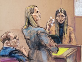 Dawn Dunning is questioned by Assistant District Attorney Meghan Hast during film producer Harvey Weinstein's sexual assault trial at New York Criminal Court in Manhattan, New York, Jan. 29, 2020, in this courtroom sketch. (REUTERS/Jane Rosenberg)