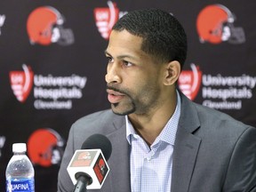 In this April 29, 2017, photo, Cleveland Browns Vice President of Player Personnel Andrew Berry talks to reporters in Berea, Ohio. (Joshua Gunter/The Plain Dealer via AP)