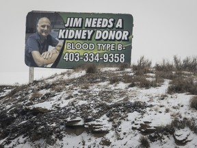 A billboard featuring Jim Lomond, who is looking for a kidney donor, in Drumheller, Alta., Thursday, Jan. 16, 2020.