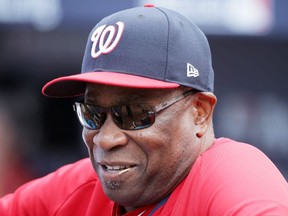 Dusty Baker  of the Washington Nationals looks on prior to game four of the National League Division Series against the Los Angeles Dodgers at Dodger Stadium on October 11, 2016 in Los Angeles, California.