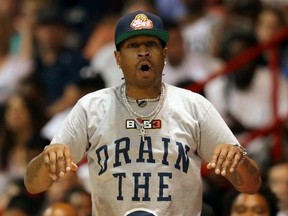 Coach Allen Iverson of 3's Company reacts during the game against the 3 Headed Monsters during week five of the BIG3 three on three basketball league at UIC Pavilion on July 23, 2017 in Chicago, Illinois.