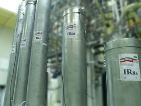 In this handout file picture provided by Iran's Atomic Energy Organization on November 4, 2019, shows IR-8 centrifuges at Natanz nuclear power plant, some 300 kilometres south of capital Tehran. (HO/Atomic Energy Organization of Ir/AFP via Getty Images)