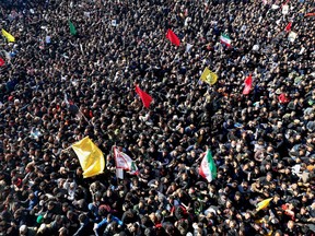 Iranian mourners gather during the final stage of funeral processions for slain top general Qasem Soleimani, in his hometown Kerman on January 7, 2020. (ATTA KENARE / AFP) (Photo by ATTA KENARE/AFP via Getty Images)