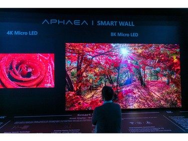 The Konka APHAEA Smart Wall compares the size of a 4K Micro LED screen to an 8K Micro LED screen on opening day of the 2020 Consumer Electronics Show (CES) in Las Vegas on Jan.  7, 2020.
