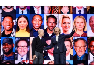 Quibi CEO Meg Whitman (R) and Quibi founder Jeffrey Katzenberg speak about their short-form video streaming service Quibi during their keynote address Jan. 8, 2020, at the Computer Electronics Show (CES) in Las Vegas.