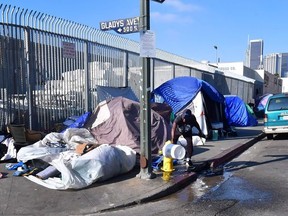 Tents of the homeless line a streetcorner in Los Angeles, California on January 8, 2020.