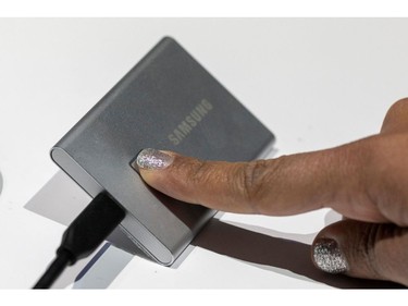 The Samsung Portable SSD T7 Touch with finger print recognition and increased speed is shown at the 2020 Consumer Electronics Show (CES) in Las Vegas, Nevada on Jan. 8, 2020.