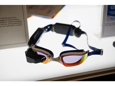The Smart Swim augmented reality swim workout googles from Vuzix Corporation are displayed Jan. 8, 2020, at the Computer Electronics Show (CES) in Las Vegas.