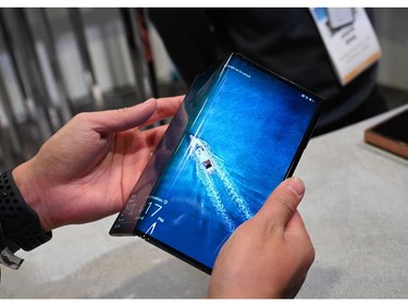 The Huawei Mate X foldable smartphone is displayed January 8, 2020 at the 2020 Consumer Electronics Show (CES) in Las Vegas.