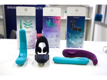 Sexual health products from MysteryVibe are displayed at the 2020 Consumer Electronics Show (CES) in Las Vegas on Jan. 8, 2020.