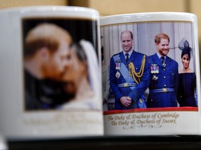 Royal memorabilia is displayed for sale in a store near Buckingham Palace in London on Jan. 10, 2020. (DANIEL LEAL-OLIVAS/AFP via Getty Images)