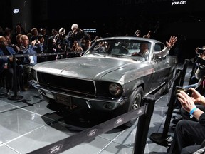 In this file photo taken on January 14, 2018 the original Ford Mustang Bullitt that US actor Steve McQueen used in the 1968 thriller film Bullitt, is presented during a press preview at the 2018 North American International Auto Show (NAIAS) in Detroit, Michigan.