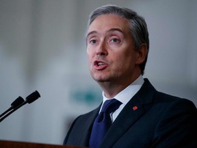 Foreign Affairs Minster Francois-Philippe Champagne  addresses a press conference after a meeting of the International Coordination and Response Group to discuss the shooting down of an Ukrainian plane in Iran, at the High Commission of Canada in London, on Jan. 16, 2020.