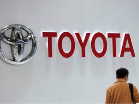 In this file photo taken on Feb. 6, 2019 The logo of Toyota Motor is displayed at a company's car showroom in Tokyo.