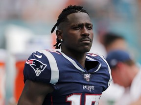 Antonio Brown of the New England Patriots looks on against the Miami Dolphins at Hard Rock Stadium on September 15, 2019 in Miami. (Michael Reaves/Getty Images)