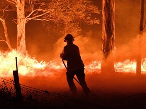 This picture taken on Dec. 31, 2019 shows a firefighter hosing down trees and flying embers in an effort to secure nearby houses from bushfires near the town of Nowra in the Australian state of New South Wales.