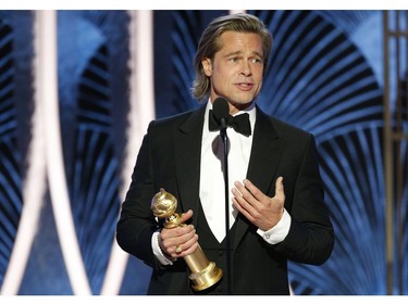 77th Golden Globe Awards - Show - Beverly Hills, California, U.S., January 5, 2020 - Brad Pitt accepts the award for Best Supporting Actor - Motion Picture for "Once Upon A Time...In Hollywood."    Paul Drinkwater/NBC Universal/Handout via REUTERS For editorial use only. Additional clearance required for commercial or promotional use, contact your local office for assistance. Any commercial or promotional use of NBCUniversal content requires NBCUniversal's prior written consent. No book publishing without prior approval. NO SALES. NO ARCHIVES. ORG XMIT: LOA252