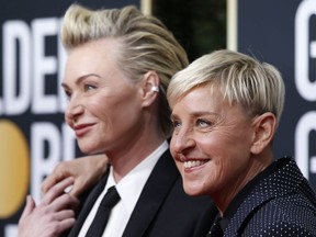 Portia de Rossi and Ellen DeGeneres attend the 77th Golden Globe Awards in Beverly Hills, Calif., Jan. 5, 2020.