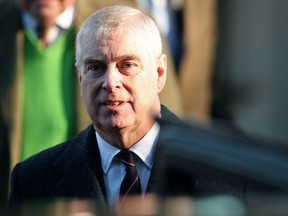 Prince Andrew leaves St. Mary the Virgin church in Hillington, near royal Sandringham estate, in Norfolk, Britain Jan. 19, 2020.