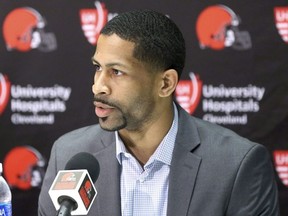In this April 29, 2017, photo, Cleveland Browns Vice President of Player Personnel Andrew Berry talks to reporters in Berea, Ohio.