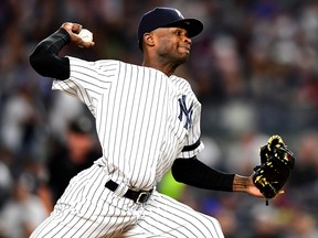 Domingo German of the New York Yankees pitches against the Los Angeles Angels at Yankee Stadium on September 18, 2019 in New York. (Emilee Chinn/Getty Images)